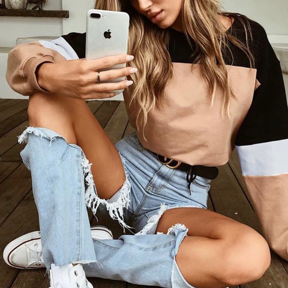 πTake It Easy Black Beige Crew Neck Top - Picture 2 of 8